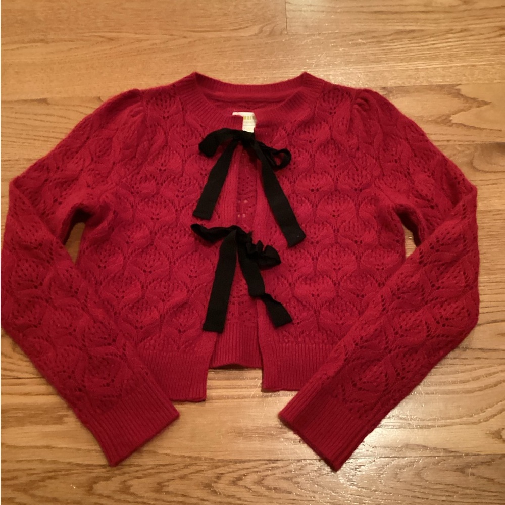 Maeve Red Cardigan with Black Ribbon Detail
